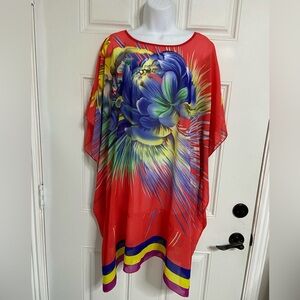 D6- NEIMAN MARCUS Orange-Blue Semi-Sheer KAFTAN Mini Dress